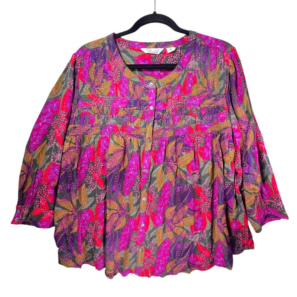 Caffe Marrakesh Peasant Tunic Top Smocked Boho Womens XL Floral Colorful Vibrant